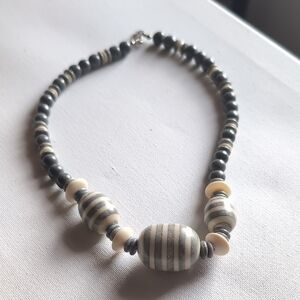 Karla Jordan Modern Striped Resin Bead Necklace | Grey & White Nautical Chunky